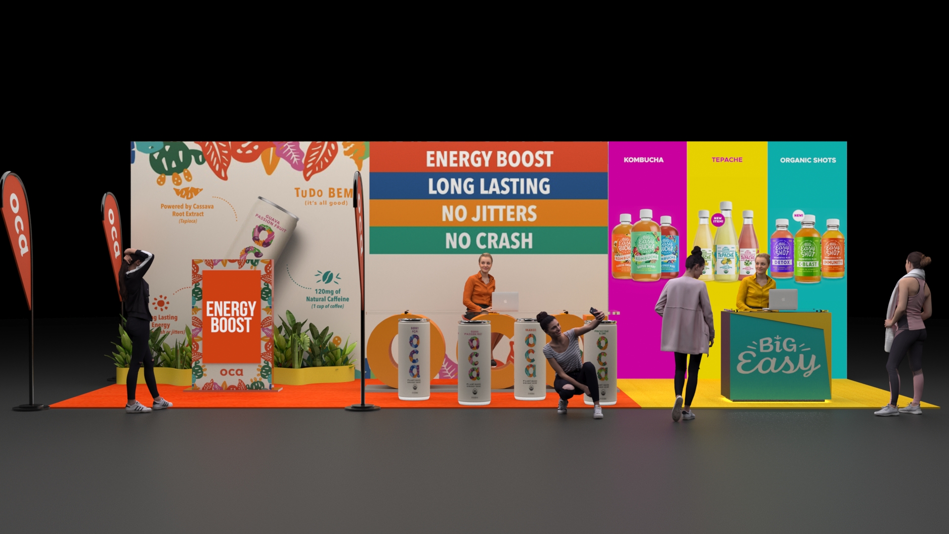 Vibrant trade show booth featuring natural energy and probiotic beverage displays with bold graphics, product sampling areas, and an engaging branded environment designed by a leading trade show company in Miami